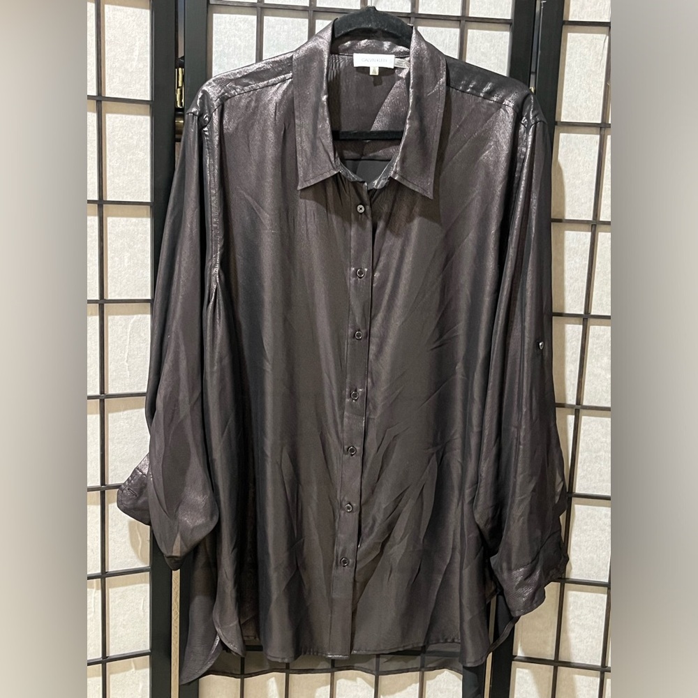 CALVIN KLEIN SHEER ORGANZA BRONZE BLACK BUTTON DOWN RELAXED BLOUSE SIZE 1X